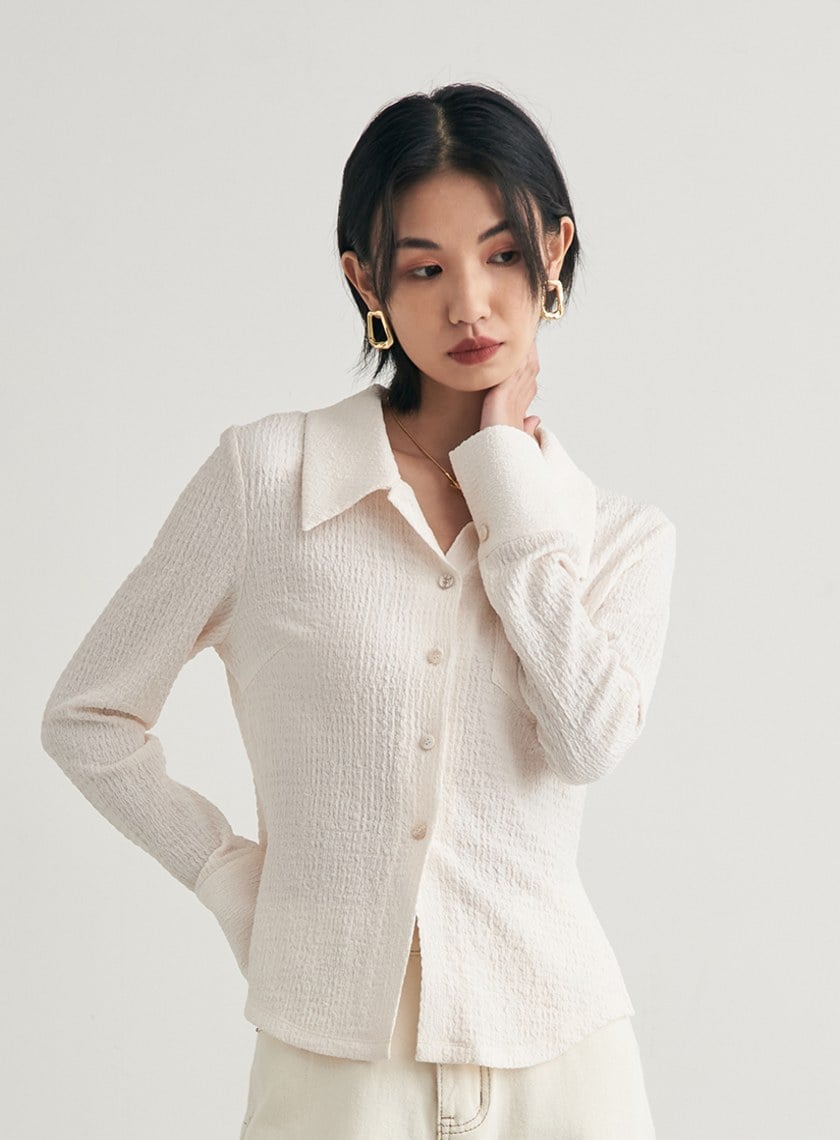 肌理感彈性長袖襯衫上衣